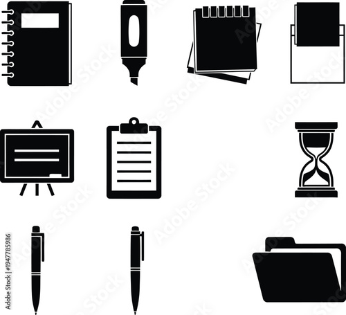 Collection of black office and school supply on white background notebook marker 1