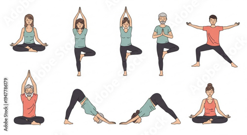Collection of diverse individuals demonstrating various yoga postures, promoting health, balance, and mindfulness through regular physical exercise routines