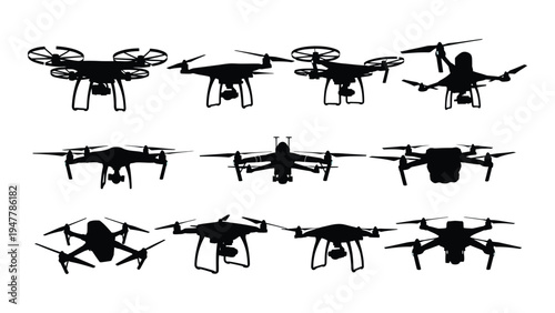 A group of drones in various orientations