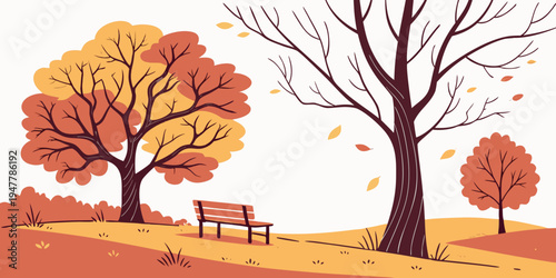 A park bench in a field with trees during autumn Vector