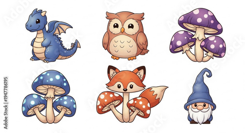 Whimsical Cartoon Creatures and Fungi Collection Adorable Dragon, Owl, Fox, Mushroom, and Gnome Illustrations