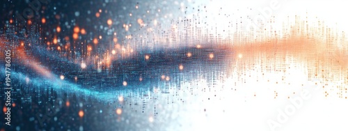 Dynamic futuristic wave of blue and orange particles and vertical code-like bars with glowing bokeh lights conveying energetic digital motion