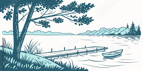 A serene lake scene with a tree on the shore Vector
