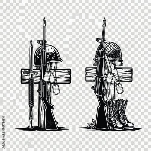 Two wooden crosses with military gear including rifles helmets dog tags and boots