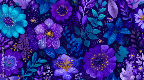 Vibrant ultraviolet abstract floral pattern with various blue and purple flowers and leaves, creating a dense botanical wallpaper design.