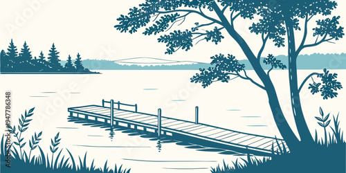 A serene lake scene with a dock and tree Vector