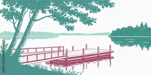 A dock on a lake with a tree in the background Vector