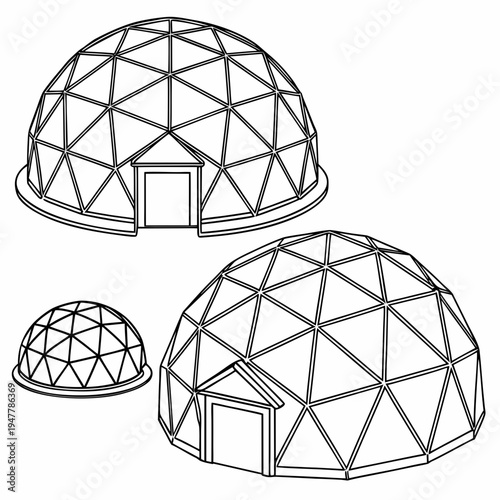 Vector illustration icons of geodesic dome structures in various stages of complexity on a white background