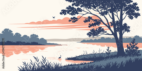A serene landscape with a tree by a lake at sunset Vector