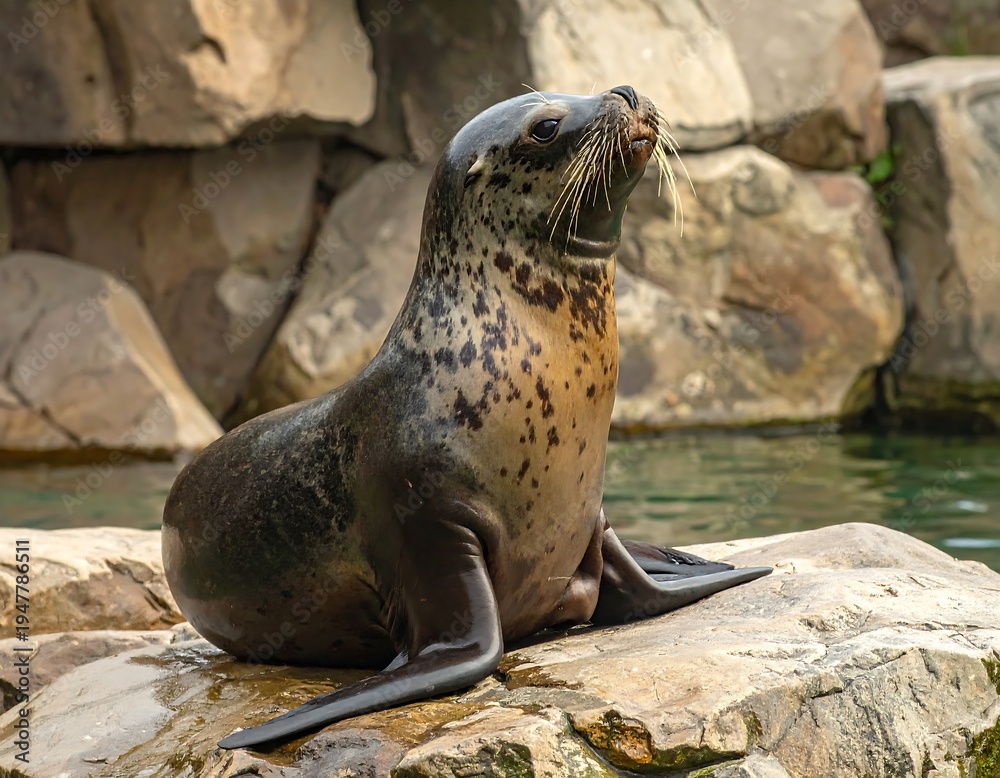 Fototapeta premium Leopard seal resting on a rock against a rocky backdrop and calm water landscape