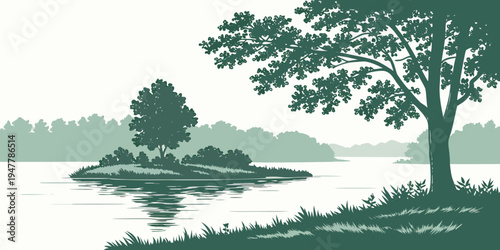 A serene lake scene with trees and a small island Vector
