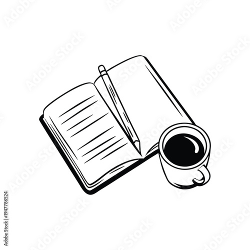 Black and white illustration of an open notebook with a pencil and a cup of coffee in hand drawn style vector art