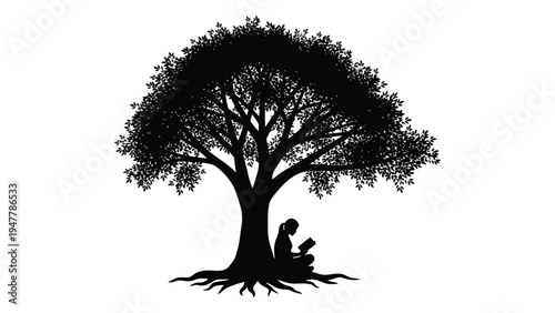 A dog sitting under a tree