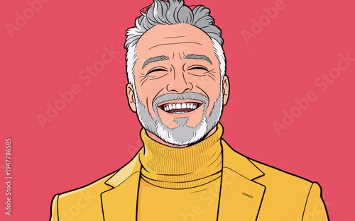An older man with gray hair wears a yellow turtleneck and matching jacket. He smiles widely in front of a bright pink background.