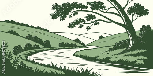 A tree stands beside a winding river in a green landscape Vector