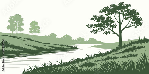 A serene landscape with a river and trees on a green hill Vector
