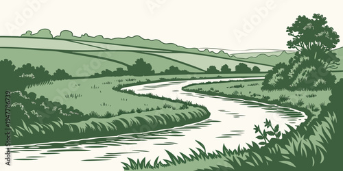 A serene river flowing through a lush green landscape Vector
