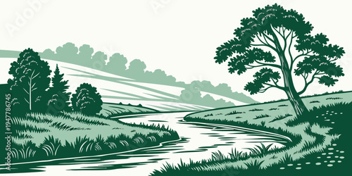 A green landscape with a tree and a river Vector