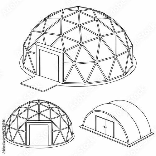 Vector illustration icons of geodesic dome structures in various stages of complexity on a white background