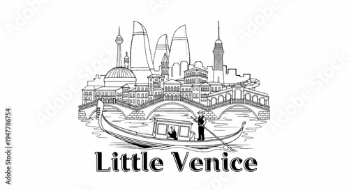 Line art cityscape with gondola and bridges, featuring modern architecture