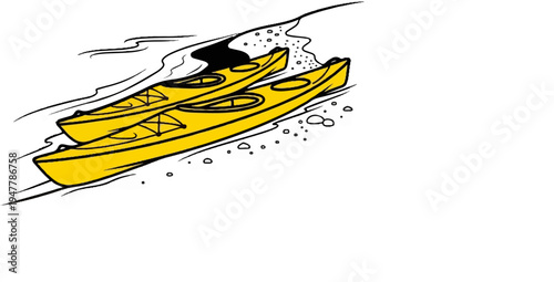 Two yellow kayaks glide through swirling water near a pebbled shore