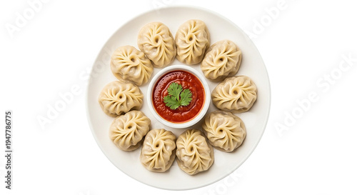 Delicious Momos Plated with Spicy Red Sauce, Overhead View isolated on transparent background
