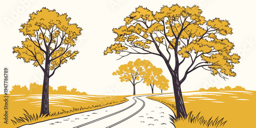 A dirt road lined with trees in autumn Vector