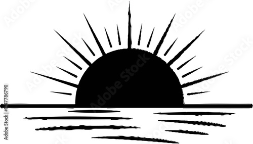 Stylized sunrise or sunset over a body of water with sunrays