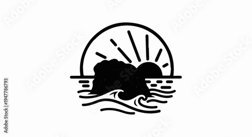 Stylized sunrise behind a rocky island with waves crashing below