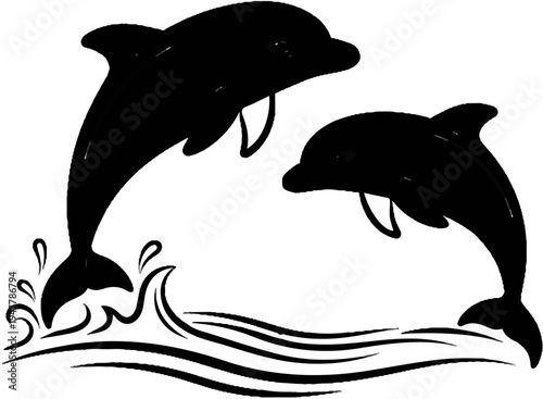 Two black dolphins leap joyfully from stylized wavy water