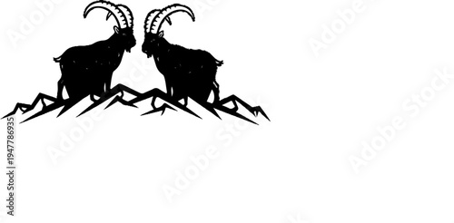 Two black ibex stand on jagged mountain peaks against white