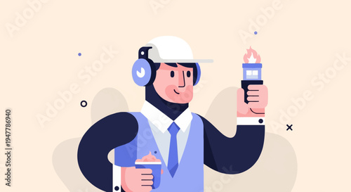 Person in cap and headphones holding a steaming device and a drink