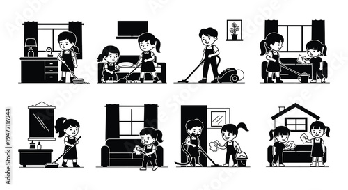Children performing various household chores in a black and white illustration