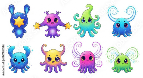 A vibrant collection of whimsical cartoon alien characters showcasing diverse emotions and playful designs, perfect for children's games, educational apps, or creative digital projects
