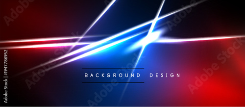 Abstract design features vibrant red, blue light streaks. Dark background emphasizes glowing lines, creating dynamic visual effect. Modern, energetic composition.