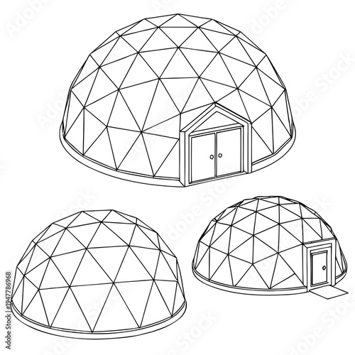 Vector illustration icons of geodesic dome structures in various stages of complexity on a white background
