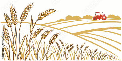 A red tractor driving through a field of wheat Vector