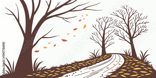 A dirt road with trees and leaves on the side Vector