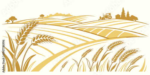 A golden wheat field with a village in the background Vector