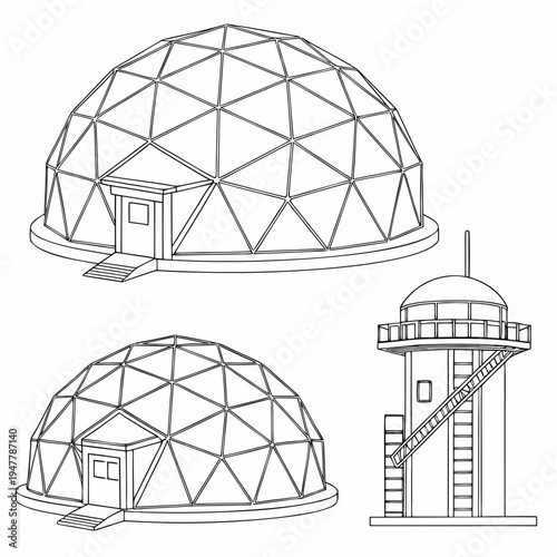 Vector illustration icons of geodesic dome structures in various stages of complexity on a white background