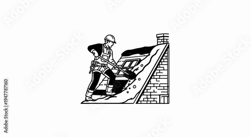 Worker clearing snow from a steep, shingled roof with a chimney
