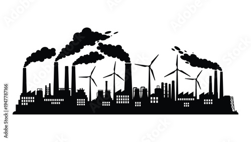 A city skyline with wind turbines and smokestacks