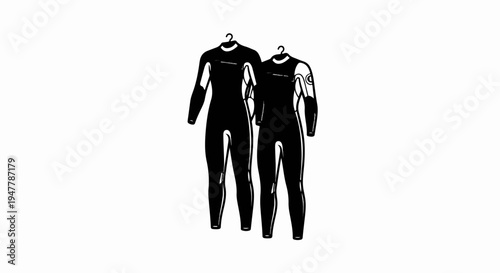 Two black wetsuits hanging on hangers, ready for aquatic adventures