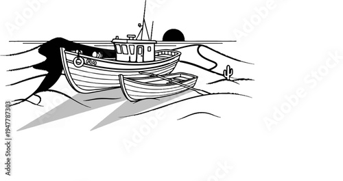 Two boats on a sandy shore with a cactus and setting sun