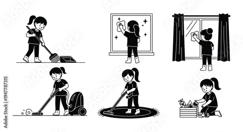 Children performing various household chores in a black and white illustration