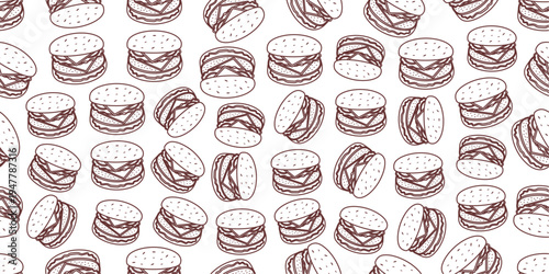Doodle burger pattern background. Seamless doodle burger pattern background. Hamburger doodle pattern background in doodle style. Seamless pattern of cheeseburger background.