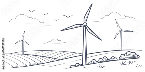 Wind turbines in a field with birds flying overhead Vector