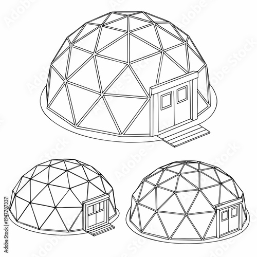 Vector illustration icons of geodesic dome structures in various stages of complexity on a white background