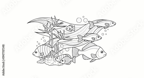 Underwater scene with plants and fish swimming amidst stylized waves and bubbles