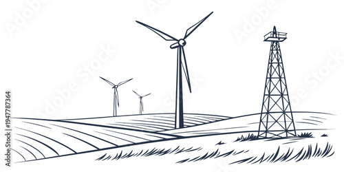Wind turbines and transmission tower in a field Vector